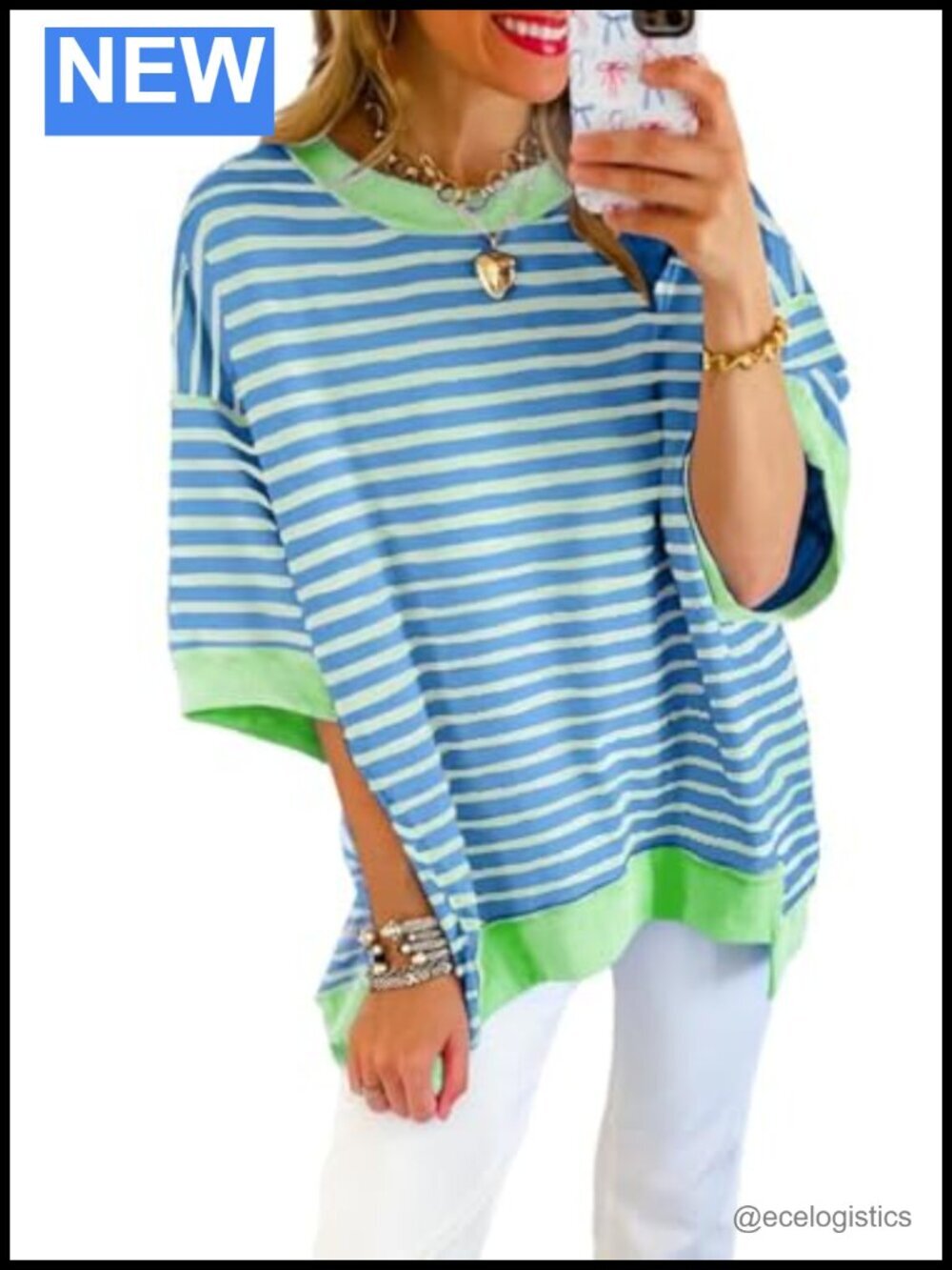 Short Sleeve Crewneck Striped Sweatshirt Pullover Loose Blouse Tunic